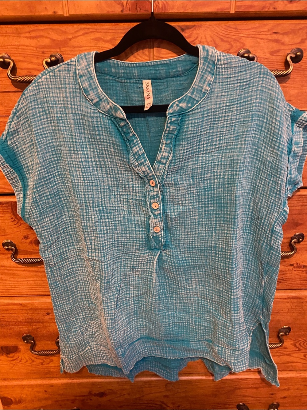 Lightweight Teal Crinkle Button-Front Blouse